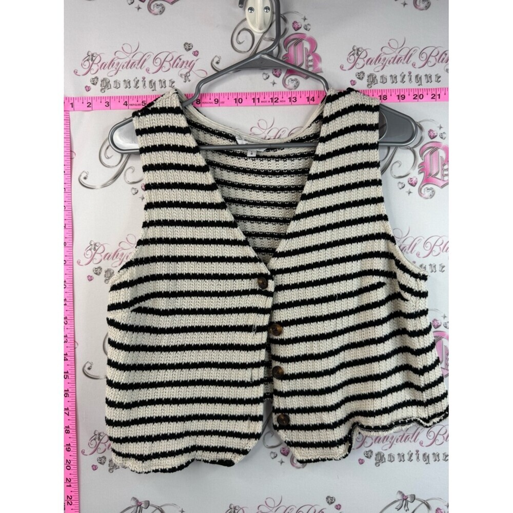 Reitmans vest cardigan, Black and White Striped Knit Button Front Vest sweater